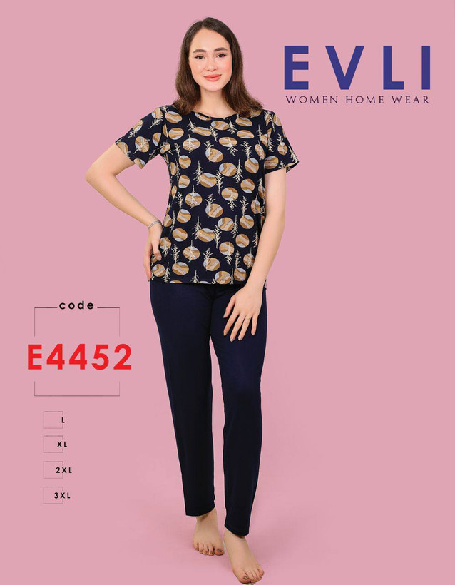 ست زنانه تیشرت یقه گرد طرحدار و شلوار ساده EVLI کد 4452، با جنس نخ پنبه و لیکرا، مناسب برای استفاده روزمره و راحتی خانه.”