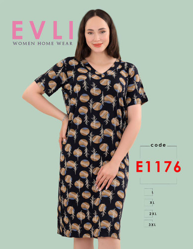 قیمت و خرید آنلاین پیراهن زنانه EVLI کد 1176 با یقه هفت، آستین کوتاه و طرحدار، از جنس نخ پنبه و لیکرا، مناسب برای استفاده روزمره و راحتی.