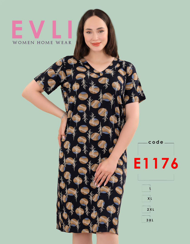 قیمت و خرید آنلاین پیراهن زنانه EVLI کد 1176 با یقه هفت، آستین کوتاه و طرحدار، از جنس نخ پنبه و لیکرا، مناسب برای استفاده روزمره و راحتی.