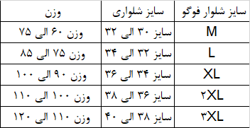 جدول سایز بندی شلوار فوگو فروشگاه پازل